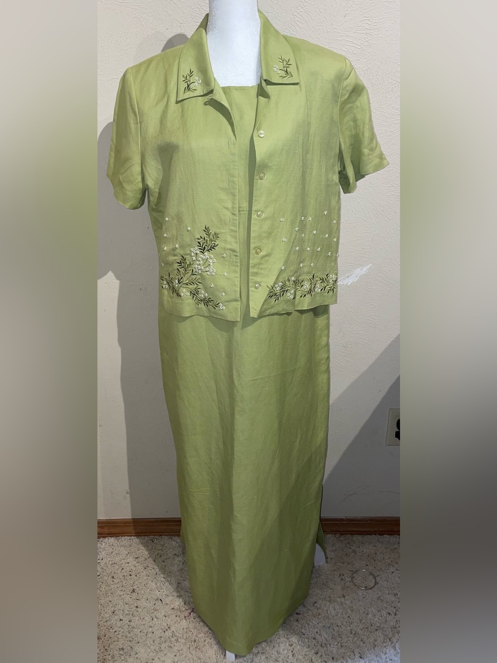 Positive Attitude Women’s Size 12P Green Linen Blend Dress Set Blazer Maxi 2Pc - Picture 2 of 12